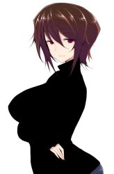 Rule 34 | 10s, 1girl, black sweater, breast hold, breasts, brown hair, casual, closed mouth, commentary request, crossed arms, from side, girls und panzer, han (jackpot), large breasts, light smile, long sleeves, looking at viewer, nishizumi maho, red eyes, short hair, simple background, solo, standing, sweater, upper body, white background