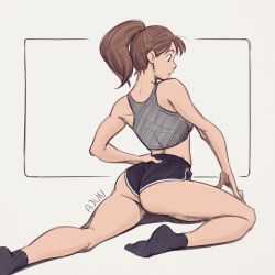 Rule 34 | 1girl, ajun art, ass, black shorts, black socks, brown hair, from behind, grey sports bra, hand on own hip, highres, original, parted lips, ponytail, profile, shorts, socks, solo, sports bra, stretching, white background