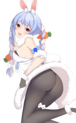 Rule 34 | 1girl, :d, alister, animal ear fluff, animal ears, ass, bad id, bad pixiv id, black gloves, black pantyhose, blue hair, braid, breasts, bridal garter, carrot, commentary, food-themed hair ornament, gloves, hair ornament, highres, hololive, legs up, long hair, medium breasts, multicolored hair, open mouth, pantyhose, rabbit ears, ribbon trim, smile, solo, symbol-only commentary, thick eyebrows, thong, twin braids, two-tone hair, usada pekora, usada pekora (1st costume), virtual youtuber, white background, white hair