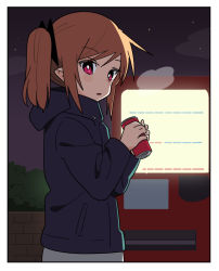 Rule 34 | 1girl, backlighting, black ribbon, blonde hair, drink, from side, hair ribbon, holding, holding drink, jacket, looking at viewer, night, original, outdoors, red eyes, ribbon, solo, tonmoh, twintails, upper body, vending machine