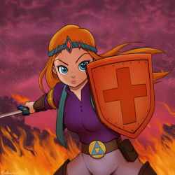 Rule 34 | 1girl, blonde hair, blue eyes, boots, breasts, castle, elf, fire, long hair, looking at viewer, nintendo, pointy ears, princess zelda, purple sky, serious, shield, shorts, sky, solo, sword, the legend of zelda, the legend of zelda (cartoon), tiara, triforce, vest, weapon