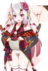 Rule 34 | 1girl, absurdres, bar censor, bare shoulders, bell, black kimono, blush, censored, clothes lift, double bun, female pubic hair, frilled sleeves, frills, gold trim, gradient hair, grin, hair bell, hair bun, hair ornament, highres, hololive, horns, huge filesize, japanese clothes, jingle bell, katana, kimono, knbd, lifting own clothes, long hair, long sleeves, looking at viewer, maebari, mask, mask on head, multicolored hair, nakiri ayame, nakiri ayame (1st costume), no panties, obi, off shoulder, oni, oni mask, open mouth, pelvic curtain, pelvic curtain lift, pubic hair, pussy, pussy juice, pussy juice trail, red eyes, red hair, sash, sheath, sheathed, short kimono, silver hair, simple background, skin-covered horns, smile, solo, streaked hair, sword, tassel, thigh gap, thighhighs, two side up, virtual youtuber, weapon, white thighhighs, wide sleeves