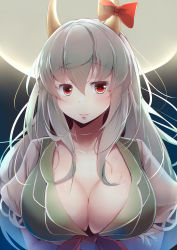 Rule 34 | 1girl, absurdres, bow, breasts, cleavage, commentary, crossed arms, dress, ex-keine, closed eyes, full moon, green dress, green hair, hair between eyes, hair bow, highres, horns, kamishirasawa keine, kanzakietc, large breasts, lips, long hair, looking at viewer, moon, multicolored hair, night, puffy short sleeves, puffy sleeves, red bow, red eyes, short sleeves, silver hair, smile, solo, touhou, two-tone hair, upper body