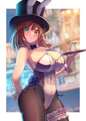 Rule 34 | 1girl, black hat, braid, breasts, bridal garter, brown hair, brown pantyhose, charlotte corday (fate), cup, detached collar, drinking glass, fate/grand order, fate (series), green eyes, hat, large breasts, leotard, looking at viewer, pantyhose, playboy bunny, sakumichi, short hair, side braid, solo, thighs, top hat