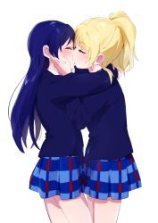 Rule 34 | 2girls, ayase eli, blazer, blonde hair, blue hair, blush, commentary request, couple, cowboy shot, closed eyes, hands on another&#039;s cheeks, hands on another&#039;s face, highres, hug, jacket, kiss, long hair, long sleeves, love live!, love live! school idol project, multiple girls, otonokizaka school uniform, ponytail, school uniform, simple background, sonoda umi, white background, yuri