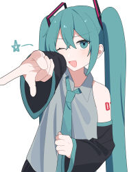 Rule 34 | 1girl, bentou (bentou 1), blue eyes, blue hair, blush, collared shirt, commentary request, detached sleeves, fang, gyaru v, hair ornament, hatsune miku, highres, long hair, long sleeves, looking at viewer, necktie, one eye closed, open mouth, shirt, sleeveless, sleeveless shirt, smile, solo, star (symbol), v, very long hair, vocaloid