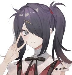 Rule 34 | 1girl, ame-chan (needy girl overdose), black hair, black ribbon, closed mouth, collared shirt, grey eyes, hair ornament, hair over one eye, hand up, highres, long hair, looking at viewer, neck ribbon, needy girl overdose, red shirt, ribbon, shirt, simple background, smile, solo, suspenders, tsukikaze aki, twintails, twitter username, upper body, v, v over eye, white background, x hair ornament