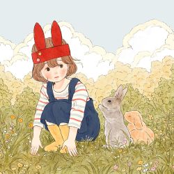 Rule 34 | 1girl, black overalls, blue sky, blush, brown hair, cloud, cloudy sky, flower, grass, highres, long sleeves, orange flower, original, overalls, plant, rabbit, shirt, short hair, sky, solo, striped clothes, striped shirt, yellow footwear, yoovora