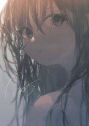 Rule 34 | 1girl, brown eyes, brown hair, commentary request, from behind, highres, long hair, looking at viewer, looking back, original, parted lips, portrait, potg (piotegu), signature, solo