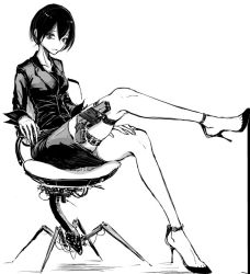 Rule 34 | 1girl, bare legs, black hair, blame!, blame gakuen!, business suit, chair, formal, full body, graviton beam emitter, greyscale, gun, high heels, holster, looking at viewer, miniskirt, monochrome, office chair, office lady, sanakan, short hair, sitting, skirt, skirt suit, sleeves rolled up, solo, suit, swivel chair, thigh holster, ts2258, weapon, white background