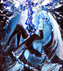 Rule 34 | 1girl, :d, arm tattoo, bare shoulders, blouse, blue theme, boots, detached sleeves, frilled skirt, frills, from behind, full body, hatsune miku, headset, invisible chair, long hair, long sleeves, looking at viewer, looking back, miniskirt, monochrome, number tattoo, open mouth, pleated skirt, round teeth, shirt, sitting, skirt, sleeveless, sleeveless shirt, smile, solo, tattoo, teeth, thigh boots, thighhighs, tomasu, traditional media, tsurime, tsurukame, twintails, very long hair, vocaloid, water, zettai ryouiki