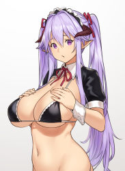Rule 34 | 1girl, bikini, black bikini, bottomless, breasts, cleavage, commentary request, cowboy shot, demon girl, demon maid (houtengeki), from side, gradient background, hair ribbon, hands on own chest, hat, horns, houtengeki, large breasts, long hair, looking at viewer, maid, maid bikini, maid headdress, navel, original, pointy ears, purple eyes, purple hair, ribbon, sidelocks, simple background, skindentation, solo, swimsuit, twintails, unconventional maid, wrist cuffs