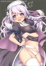 Rule 34 | 1girl, ^^^, azur lane, black background, black dress, blue eyes, blush, braid, breasts, bright pupils, clothes lift, cowboy shot, dress, dress lift, embarrassed, garter belt, go-it, hat, lifted by self, looking at viewer, medium breasts, open mouth, panties, pantyshot, pink hair, puffy short sleeves, puffy sleeves, short sleeves, simple background, single braid, solo, standing, thighhighs, underwear, vestal (azur lane), watermark, wavy mouth, web address, white hat, white panties, white thighhighs