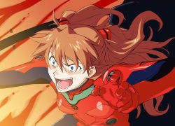 Rule 34 | 1girl, blue eyes, bodysuit, breasts, cockpit, crazy eyes, crazy smile, evil smile, fire, hair ornament, long hair, neon genesis evangelion, open mouth, orange hair, plugsuit, small breasts, smile, solo, souryuu asuka langley, takemura sessyu, twintails, upper body, wide-eyed