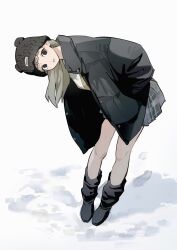 Rule 34 | 1girl, bent over, black coat, black footwear, black headwear, black skirt, boots, coat, footprints, full body, hands in pockets, highres, jacket, kimura 731, knees, light brown hair, long hair, looking at viewer, open clothes, open jacket, original, outdoors, parted lips, shadow, skirt, snow, solo, standing, striped clothes, striped skirt