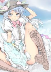 Rule 34 | 1girl, blue eyes, blue hair, blue sky, blush, boots, chikado, cloud, convenient censoring, cross-laced footwear, day, dress, flat color, food, fruit, hat, hinanawi tenshi, lace-up boots, long hair, looking at viewer, matching hair/eyes, peach, puffy sleeves, ribbon, short sleeves, sitting, sky, smile, solo, spread legs, touhou