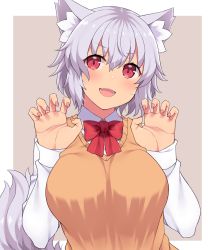 Rule 34 | 1girl, amane hasuhito, animal ear fluff, animal ears, bow, bowtie, breasts, brown background, cardigan vest, fingernails, hair between eyes, inubashiri momiji, large breasts, long sleeves, open mouth, paw pose, red bow, red bowtie, red eyes, school uniform, silver hair, simple background, smile, solo, tail, touhou, two-tone background, white background, wolf ears, wolf tail