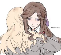 Rule 34 | 2girls, blonde hair, brown hair, commentary request, crying, crying with eyes open, french text, grey jacket, hair ornament, hair ribbon, hairclip, hoesyaone, hug, jacket, long hair, long sleeves, multiple girls, parted lips, purple eyes, purple ribbon, ribbon, saijou claudine, seishou music academy uniform, shoujo kageki revue starlight, simple background, smile, tears, tendou maya, upper body, white background, yuri