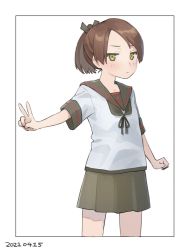 Rule 34 | 1girl, 6joema, black neckerchief, black sailor collar, brown eyes, brown hair, commentary request, cowboy shot, forehead, kantai collection, looking at viewer, neckerchief, pleated skirt, ponytail, sailor collar, school uniform, serafuku, shikinami (kancolle), shikinami kai ni (kancolle), short hair, simple background, skirt, solo, white background