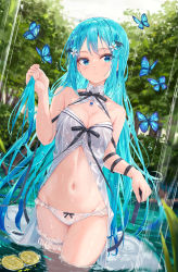 Rule 34 | 1girl, absurdres, aqua background, babydoll, blue eyes, blue hair, breasts, bug, butterfly, cleavage, cowboy shot, floating clothes, flower, food, forest, fruit, green background, hair flower, hair ornament, hand in own hair, highres, insect, jewelry, large breasts, lemon, long hair, looking at viewer, midriff, na kyo, nature, navel, open mouth, original, outdoors, partially submerged, pendant, see-through, sky, solo, standing, thigh strap, white babydoll, white sky