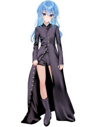 Rule 34 | 1girl, alternate costume, black coat, black footwear, black shorts, blue eyes, blue hair, closed mouth, coat, commentary, double-parted bangs, earrings, full body, hair between eyes, highres, hololive, hoshimachi suisei, jewelry, long coat, long hair, long sleeves, looking at viewer, mocha (snowflake), open clothes, open coat, shorts, sidelocks, simple background, smile, solo, standing, star (symbol), star earrings, star in eye, straight-on, symbol in eye, tachi-e, virtual youtuber, white background