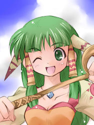 Rule 34 | 1girl, ;d, feena (grandia), female focus, game arts, grandia, grandia i, green eyes, green hair, hair ornament, hair tubes, jewelry, matching hair/eyes, necklace, one eye closed, open mouth, outdoors, shimanda, sky, smile, solo, upper body, whip, wink