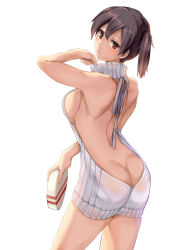 Rule 34 | 10s, 1girl, alternate costume, arm up, armadillo-tokage, ass, back, backless dress, backless outfit, bad id, bad pixiv id, bare arms, bare back, bare legs, black hair, blush, box, breasts, brown eyes, brown hair, butt crack, cowboy shot, dress, female focus, from behind, gift, gift box, halterneck, holding, holding gift, kaga (kancolle), kantai collection, large breasts, legs, looking at viewer, looking back, meme attire, naked sweater, no bra, no panties, parted lips, ribbed sweater, short hair, side ponytail, sideboob, solo, standing, sweater, sweater dress, turtleneck, turtleneck sweater, virgin killer sweater
