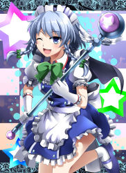 Rule 34 | 1girl, ;d, absurdres, apron, blue eyes, blue skirt, bow, braid, cape, capelet, e.o., embellished costume, female focus, gloves, hair ribbon, highres, izayoi sakuya, jumping, looking at viewer, magical girl, maid, maid apron, maid headdress, mary janes, one eye closed, open mouth, puffy sleeves, ribbon, rod, shirt, shoes, short hair, short sleeves, silver hair, skirt, smile, solo, staff, star (symbol), touhou, twin braids, waist apron, white gloves