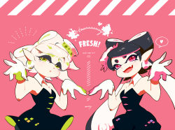 Rule 34 | + +, 2girls, artist name, bad id, bad tumblr id, black dress, black hair, black jumpsuit, callie (splatoon), catchphrase, cousins, cowboy shot, detached collar, dress, earrings, english text, fangs, food, food on head, green eyes, grey hair, heart, inkling, jewelry, jumpsuit, long hair, looking at viewer, marie (splatoon), mole, mole under eye, multiple girls, nintendo, object on head, open mouth, parted lips, pink background, pointy ears, purple eyes, seto (asils), short dress, short hair, short jumpsuit, signature, smile, splatoon (series), splatoon 1, spoken heart, squid pose, standing, strapless, strapless dress, white hair