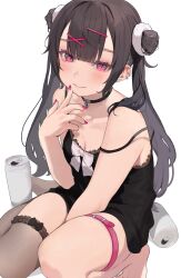 Rule 34 | 1girl, bare shoulders, black choker, black hair, black nightgown, blush, bow, breasts, can, choker, cleavage, daluto (hitomi555), ear piercing, finger to own chin, frilled thighhighs, frills, hair ornament, heart, heart choker, highres, long hair, looking at viewer, nightgown, original, piercing, pink eyes, pink nails, single thighhigh, sitting, small breasts, smile, solo, strap slip, thigh strap, thighhighs, twintails, x hair ornament