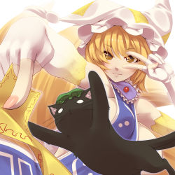 Rule 34 | 1girl, bare shoulders, black cat, blonde hair, breasts, cat, chen, chen (cat), elbow gloves, female focus, fingerless gloves, foreshortening, fox tail, gloves, hat, highres, multiple tails, naked tabard, ofuda, revision, short hair, sideboob, smile, symbol-shaped pupils, tabard, tail, touhou, tro (trombe), v over eye, white gloves, yakumo ran, yellow eyes