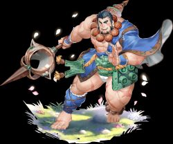 Rule 34 | 1boy, abs, bara, barefoot, bead necklace, beads, black hair, chiguo (gyee), facial hair, falling petals, fundoshi, gyee, highres, holding, holding weapon, japanese clothes, jewelry, large pectorals, long sideburns, looking at viewer, male focus, muscular, muscular male, necklace, nipples, official art, open mouth, pectorals, petals, scar, scar on chest, scar on leg, short hair, sideburns, smile, solo, thick thighs, thighs, weapon, wristband