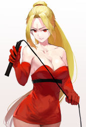 Rule 34 | 1girl, bad id, bad pixiv id, bare shoulders, blonde hair, breasts, cleavage, collarbone, commentary request, covered navel, dress, elbow gloves, forehead, gloves, highres, holding, holding whip, large breasts, long hair, ponytail, red dress, red eyes, red gloves, short dress, shynesslady, solo, star ocean, star ocean the second story, strapless, strapless dress, tark (318), very long hair, whip, white background