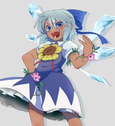 Rule 34 | 1girl, bad id, bad pixiv id, blue dress, blue eyes, blue hair, blush, cirno, cowboy shot, dark skin, dark-skinned female, dress, fangs, flower, grey background, hair ribbon, hidden star in four seasons, highres, ice, ice wings, looking at viewer, open mouth, plant, puffy sleeves, ribbon, short hair, short sleeves, simple background, smile, solo, sunflower, tan, tanned cirno, touhou, twiggytom, vines, wings