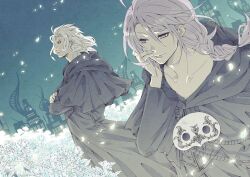 Rule 34 | 2boys, amaurot, black robe, braid, cityscape, crossed arms, dusk, emet-selch, evening, final fantasy, final fantasy xiv, flower, from side, frown, glowing, glowing petals, hand on own face, hythlodaeus, leaning back, leaning forward, long hair, looking at another, looking to the side, male focus, medium hair, multiple boys, night, night sky, petals, purple eyes, purple hair, robe, serious, sky, smirk, tassel, white hair, white mask, white petals, yellow eyes, yuzuriko red