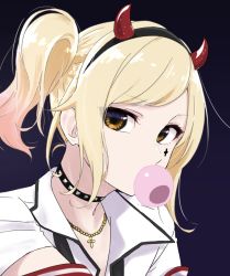 Rule 34 | 1girl, alternate hairstyle, artist name, artist request, black choker, black hairband, black necktie, blonde hair, blouse, blush, bow, breasts, brown eyes, chewing gum, choker, collarbone, collared shirt, cross, cross necklace, cross print, demon horns, demon tail, earrings, facial mark, fake demon horns, fake horns, female focus, hair between eyes, hairband, half-closed eyes, highres, horns, jewelry, long hair, looking at viewer, love live!, love live! nijigasaki high school idol club, love live! school idol festival, love live! school idol festival all stars, miyashita ai, necklace, necktie, orange eyes, parted lips, purple bow, see-through, see-through sleeves, shirt, short sleeves, short twintails, smile, solo, studded choker, tail, text focus, twintails, upper body, white shirt, wrist bow, yellow eyes