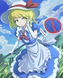 Rule 34 | 1girl, absurdres, apron, blonde hair, blue dress, bow, collared shirt, dress, elbow gloves, frilled apron, frilled dress, frilled gloves, frills, gloves, gurina 15, hat, hat bow, highres, kana anaberal, medium hair, neck ribbon, no entry sign, puffy short sleeves, puffy sleeves, red bow, red ribbon, ribbon, road sign, shirt, short sleeves, sign, solo, sun hat, touhou, touhou (pc-98), wavy hair, white gloves, white hat, white shirt, yellow eyes