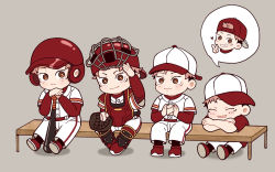 Rule 34 | 4boys, backwards hat, ball, baseball, baseball bat, baseball cap, baseball glove, baseball helmet, baseball uniform, bright pupils, brown eyes, closed eyes, closed mouth, crossed arms, grey background, grin, hat, heart, helmet, highres, holding, holding ball, itadori yuuji, jujutsu kaisen, layered sleeves, long sleeves, looking at viewer, male focus, multiple boys, multiple persona, open mouth, pants, pink hair, red footwear, red headwear, shirt, shoes, short hair, short over long sleeves, short sleeves, simple background, sitting, smile, spoken character, sportswear, tootigee, v, white headwear, white pants, white pupils, white shirt