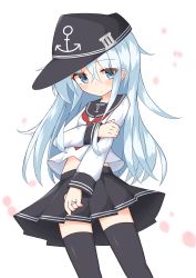 Rule 34 | 1girl, absurdres, anchor symbol, arm grab, black hat, black sailor collar, black skirt, black thighhighs, blue eyes, blue hair, blush, closed mouth, commentary request, flat cap, hair between eyes, hat, hibiki (kancolle), highres, ichi (ichi.colors), jewelry, kantai collection, long hair, long sleeves, looking at viewer, petals, pleated skirt, red neckwear, ring, sailor collar, school uniform, serafuku, shirt, simple background, skirt, solo, thighhighs, very long hair, wedding band, white background, white shirt