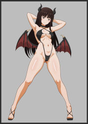 Rule 34 | 1girl, arms behind head, black slingshot swimsuit, blush, breasts, brown eyes, brown hair, cameltoe, cleft of venus, closed mouth, covered erect nipples, demon girl, demon horns, demon wings, full body, girls und panzer, grey background, highres, horns, long hair, looking at viewer, medium breasts, navel, nishizumi shiho, simple background, slingshot swimsuit, smile, solo, swimsuit, teizan haku, wings