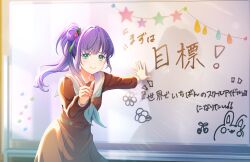 Rule 34 | 1girl, aqua neckerchief, belt, black belt, blurry, brown dress, closed mouth, depth of field, drawing (object), dress, flower (symbol), game cg, green eyes, hair bun, hair flowing over, hasu no sora school uniform, highres, index finger raised, link! like! love live!, long hair, long sleeves, looking at viewer, love live!, magnet, neckerchief, official art, otomune kozue, pleated dress, purple hair, sailor collar, sailor dress, school uniform, side ponytail, sidelocks, single side bun, smile, solo, star (symbol), string, third-party source, translation request, v-shaped eyebrows, white sailor collar, whiteboard, winter uniform