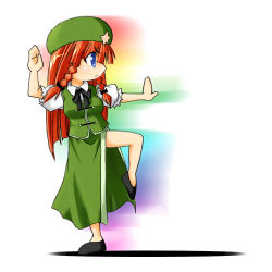 Rule 34 | 1girl, blue eyes, bow, braid, china dress, chinese clothes, dress, female focus, fighting stance, frown, hair bow, hat, hong meiling, immaterial and missing power, long hair, lowres, rainbow background, red hair, solo, star (symbol), touhou, twin braids