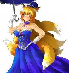 Rule 34 | 1girl, alternate costume, animal ears, bad id, bad pixiv id, blonde hair, breasts, choker, cleavage, corset, dress, fox ears, fox tail, gloves, hat, large breasts, multiple tails, ragi (schrdngr), schrdngr, short hair, solo, tail, top hat, touhou, umbrella, white gloves, yakumo ran, yellow eyes