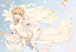 Rule 34 | 10s, 1girl, :d, ahoge, ass, ass cutout, bad id, bad pixiv id, belt, blonde hair, bodysuit, breasts, bridal veil, buckle, butt crack, chain, clothing cutout, covered erect nipples, fate/extra, fate/extra ccc, fate (series), flower, green eyes, head wreath, large breasts, lock, nero claudius (bride) (fate), nero claudius (fate), nero claudius (fate) (all), nichiru, open mouth, padlock, smile, solo, veil