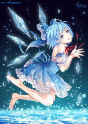 Rule 34 | 1girl, back, bad feet, bare back, bare shoulders, barefoot, blue eyes, blue hair, blue theme, bow, cirno, dress, face, feet, hair bow, ice, legs, long legs, matching hair/eyes, short hair, smile, solo, tidsean, touhou, water, wings