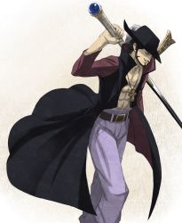 Rule 34 | 1boy, abs, artist request, beard, black hair, chinstrap, cross, cross necklace, dracule mihawk, facial hair, feet out of frame, fighting stance, from side, hat, highres, holding, holding sword, holding weapon, jewelry, lining, looking at viewer, looking to the side, male focus, necklace, one piece, open clothes, open shirt, popped collar, shirt, simple background, solo, sword, walking, weapon, white background, yellow eyes, yoru (one piece)