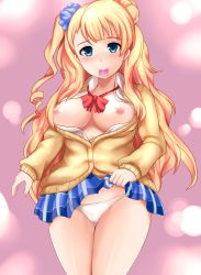 Rule 34 | 10s, 1girl, asymmetrical hair, bad id, bad nijie id, blonde hair, blue eyes, blush, breasts, breasts out, cameltoe, cardigan, clothes lift, condom, condom in mouth, earrings, female focus, galko, hair bun, highres, jewelry, large breasts, long hair, looking at viewer, mouth hold, nipples, one side up, open cardigan, open clothes, open shirt, oshiete! galko-chan, panties, school uniform, scrunchie, shirt, side bun, single side bun, skirt, skirt lift, smile, solo, underwear, yoshimo