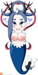 Rule 34 | 10s, 1girl, blue eyes, blue hair, blush, breasts, collarbone, heart, highres, horns, izanami (youkai watch), large breasts, looking at viewer, mermaid, monster girl, navel, nipples, nude, pointy ears, pokumii, smile, topless, youkai watch