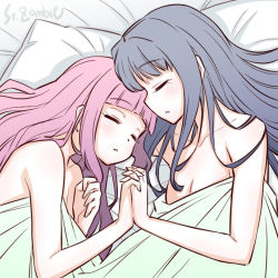 Rule 34 | 2girls, artist name, bed, blue hair, breasts, cleavage, closed eyes, from above, hair spread out, holding hands, interlocked fingers, long hair, magia record: mahou shoujo madoka magica gaiden, mahou shoujo madoka magica, multiple girls, nanami yachiyo, pillow, pink hair, sleeping, studiozombie, tamaki iroha, under covers, upper body, yuri
