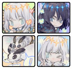 Rule 34 | !, &gt; o, 1boy, :3, aqua eyes, arthropod boy, black hair, blue eyes, blush, bug, butterfly, butterfly wings, chibi, diamond hairband, fate/grand order, fate (series), fur trim, grey hair, hairband, insect, insect wings, moth, multiple views, oberon (fate), one eye closed, pan (iway22), snowflakes, spoken exclamation mark, v, wings